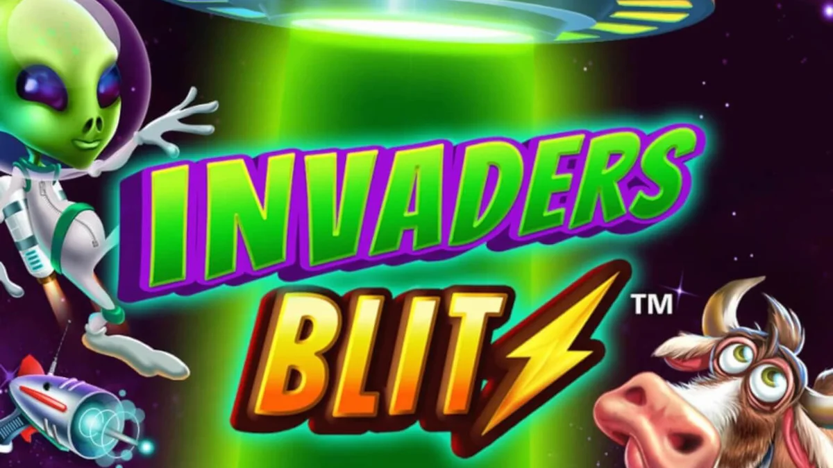 Interface do slot Invaders Blitz com símbolos de vacas espaciais e naves